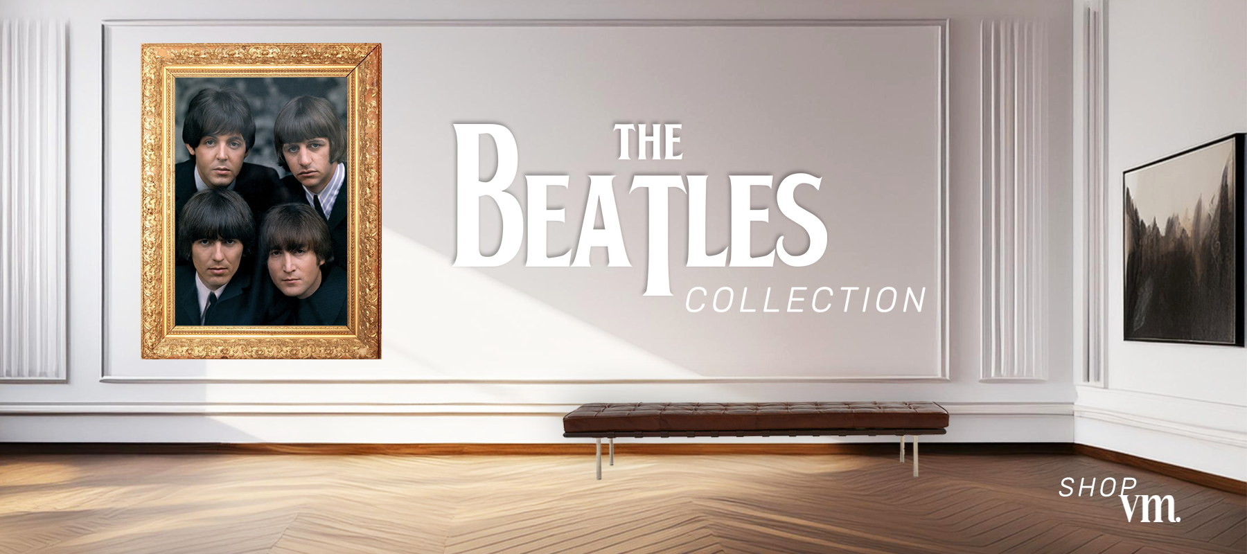 A banner showing a Gold framed 1964 picture of The Beatles in a museum with the text "The Beatles Collection". Text in the lower right corner says Shop VM.