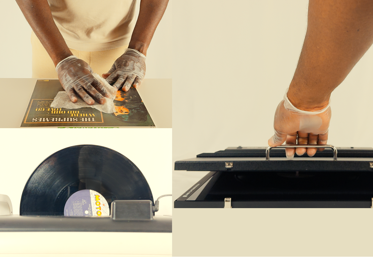 A multi-divided image of a man wiping down a vinyl record with disinfectant wipes, a vinyl record being cleaned with an ultrasonic cleaner and a man flattening a record with a Japanese Orb press.