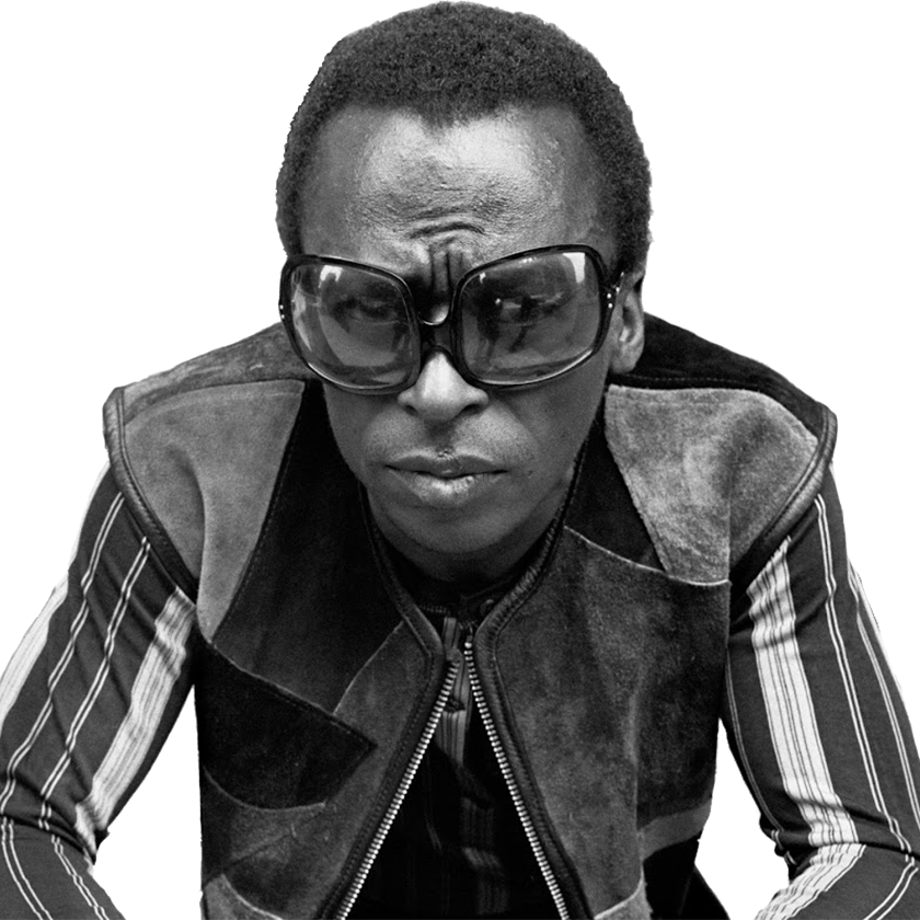 A portrait of American trumpeter Miles Davis representing the Jazz/Blues genre