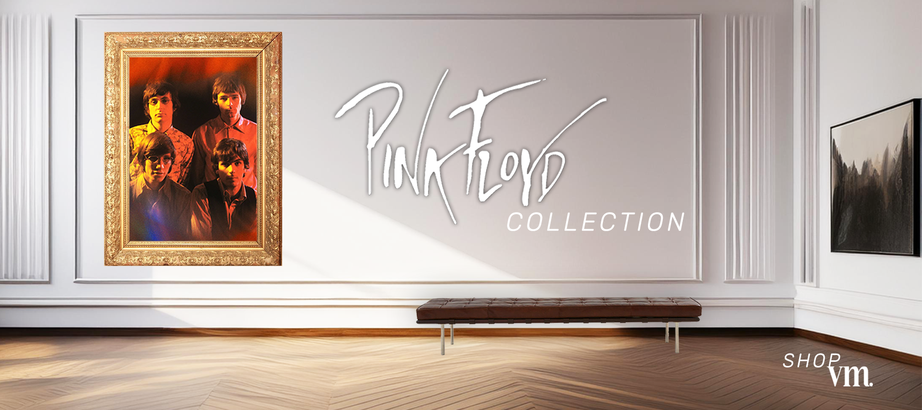 A banner showing a Gold framed psychedelic picture of Pink Floyd in a museum with the text "Pink Floyd Collection". Text in the lower right corner says Shop VM.