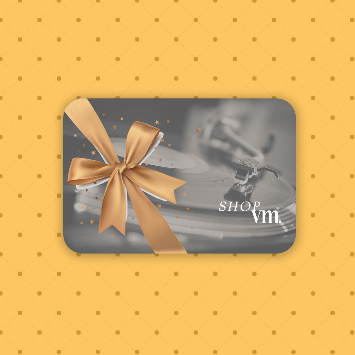 An image of a Vinyl Museum gift card with a yellow decorative background