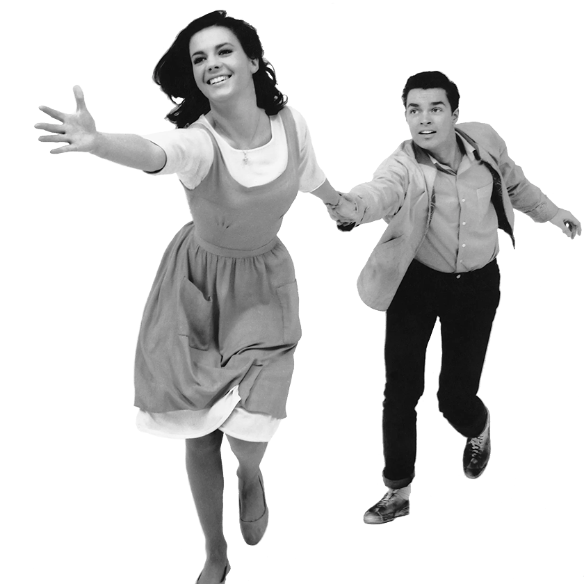 A movie still from the movie West Side Story of actress Natalie Wood and Actor Richard Beymer running, representing the Soundtrack/Cast genre