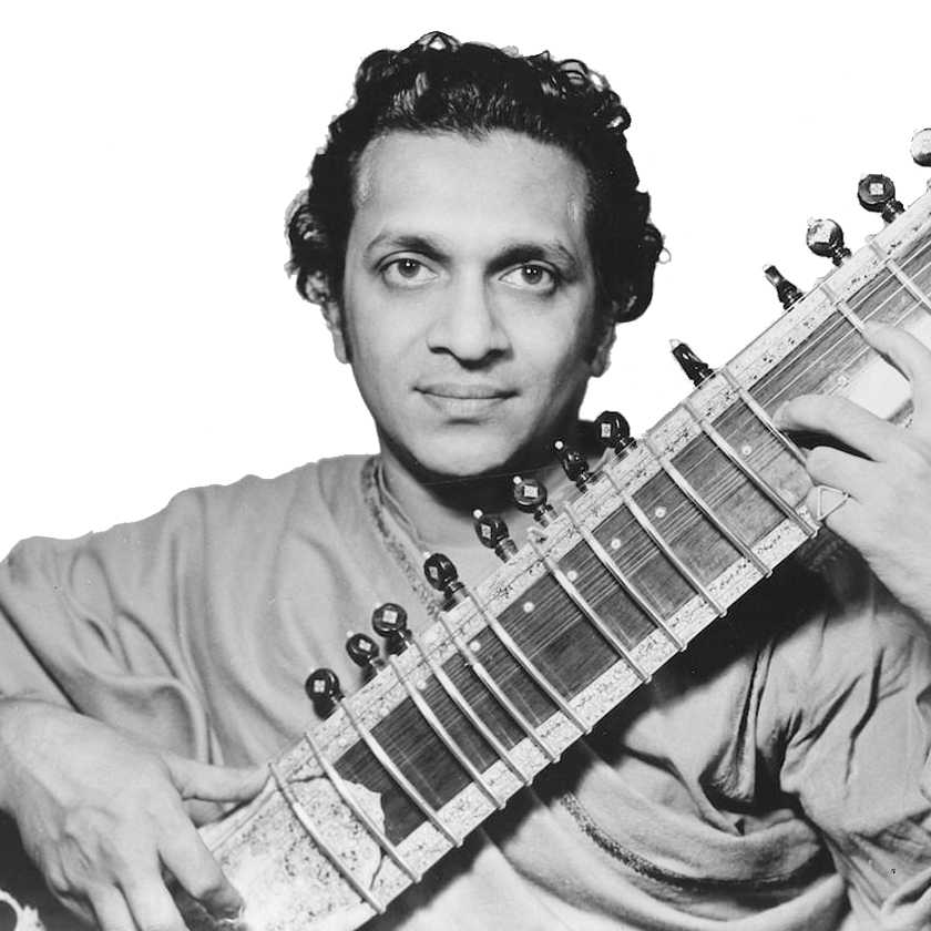 A portrait of Indian composer Ravi Shankar holding a Sitar, representing the World music genre