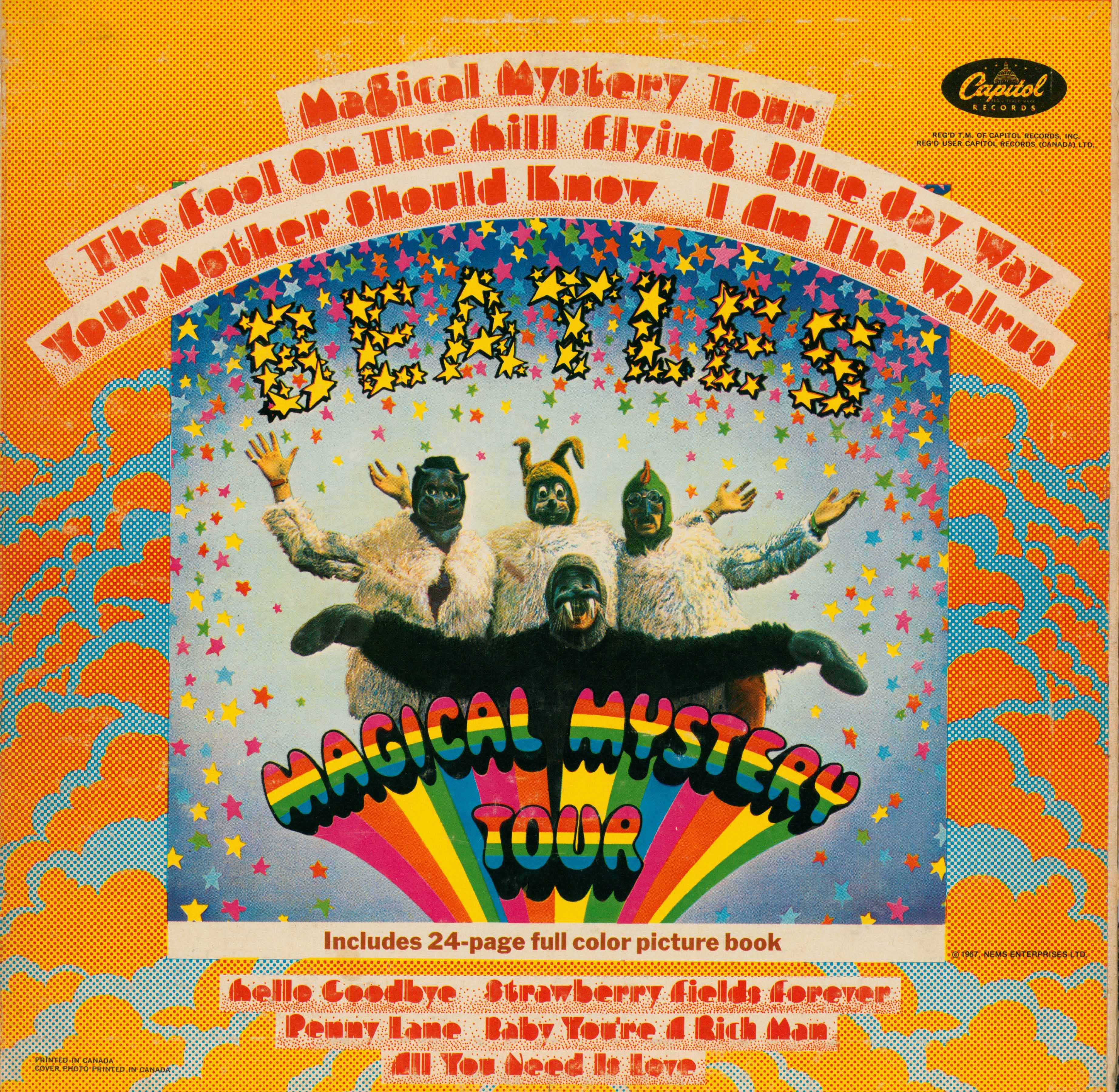 The front cover of the Beatles' 'Magical Mystery Tour' vinyl record album, featuring the band members in white robes against a psychedelic multicolor background with rainbow text and orange border details.